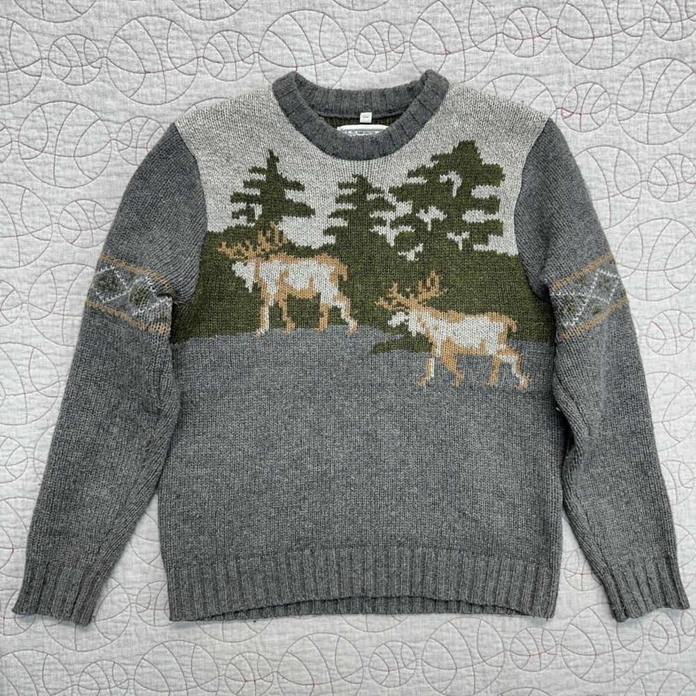 Schott Bros Sweater Gray Wool Blend Reindeer Trees / Mens Medium